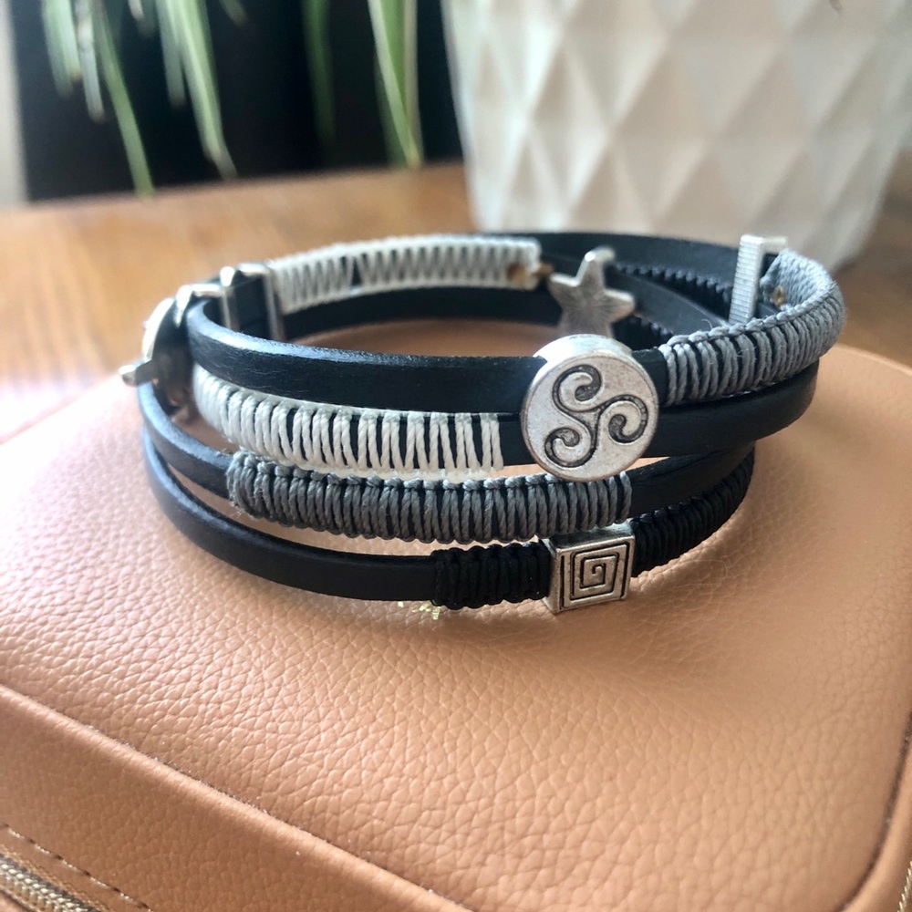 Magnetic clip, multi-wrap, leather bracelet with leaf, celtic knot & star charms